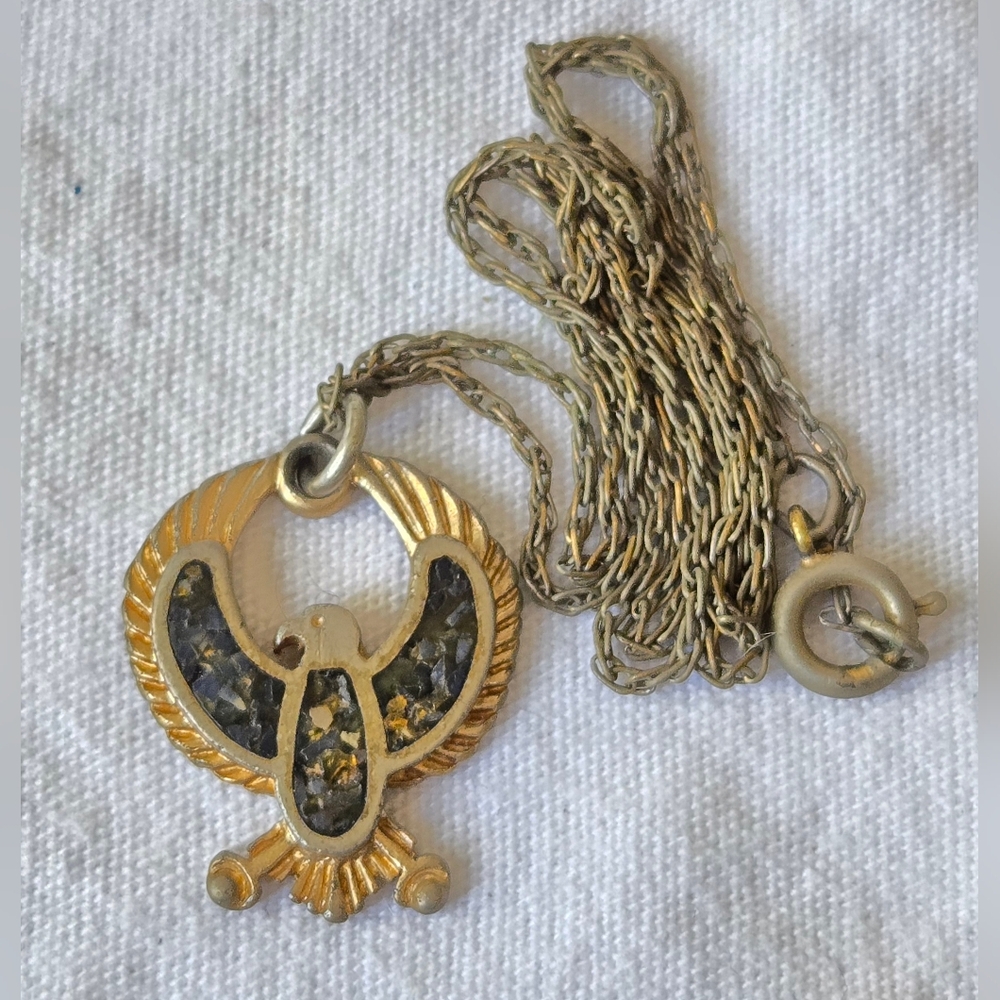 Vintage Egyptian Revival Horus Falcon Pendant Necklace w/ Inlaid Stone